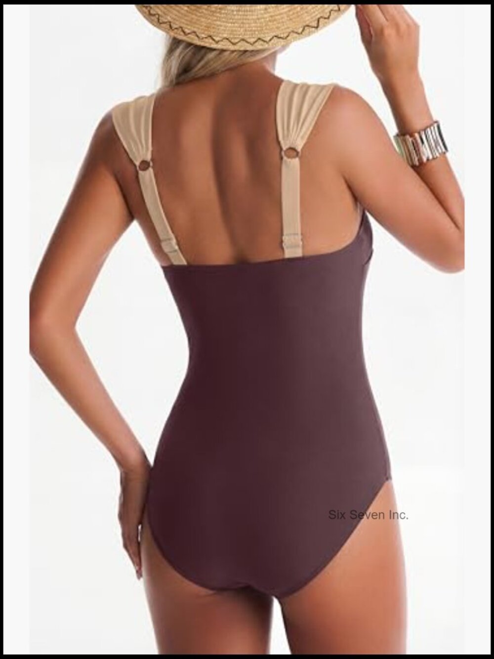 One Piece Swimsuit Tummy Control Full Coverage Wide Straps Color Block High Rise - Picture 4 of 5